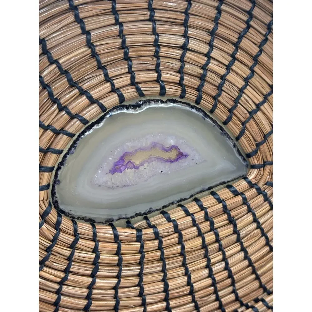 Handmade Pine Needle Basket Featuring a Polished Purple Agate Stone Center Base